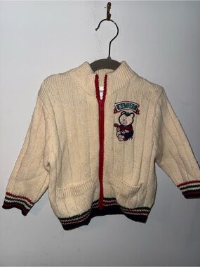 Kids vintage Cream Knit Zip-Up Sweater with Bear Patch 18 months